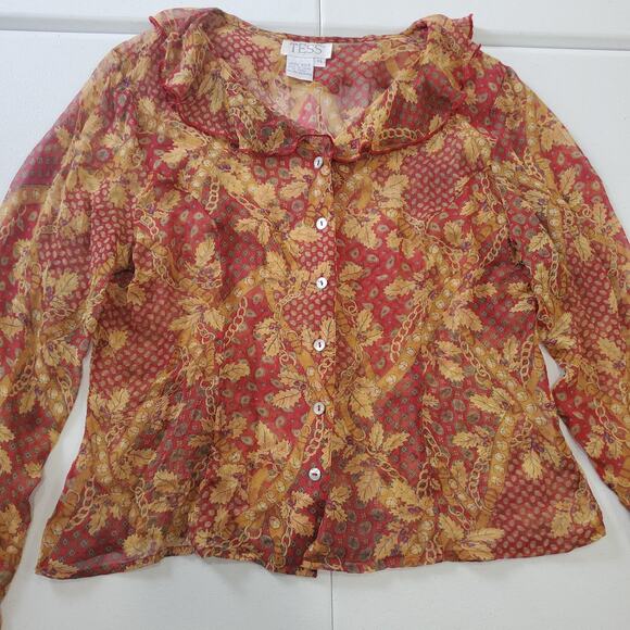 Y2K Whimsigoth Fairy Grunge Top Womens 14 Red Gold Button Up 100% Silk Sheer - Picture 1 of 7